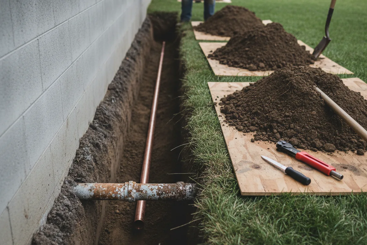 Excavated water line trench during Water Heater Repair in Spencerville